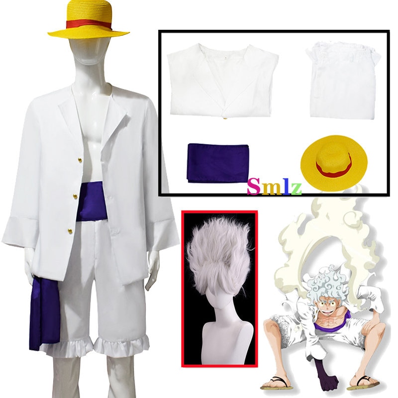 White Luffy Cosplay Anime Gear 5 Nika Form Costume Outfit Adult Kid Full Set White Shirt - One Piece Store