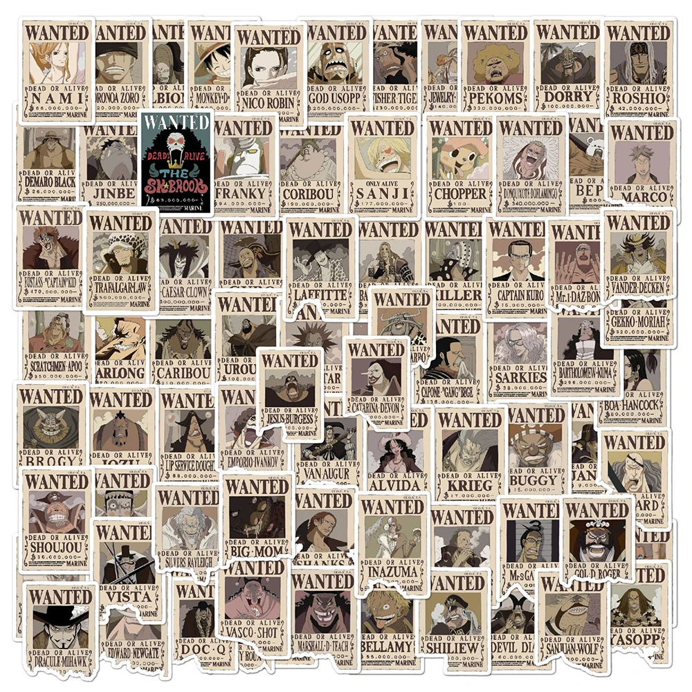 80PCS Anime One Piece Wanted Posters Stickers DIY Fridge Phone Suitcase Laptop Notebook Car Wall Cool - One Piece Store