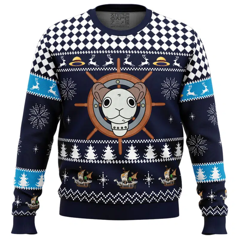 Straw Hat Pirates Ship Going Merry One Piece Ugly Christmas Sweater FRONT mockup 800x800 1 - One Piece Store